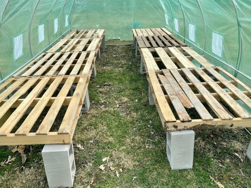 Budget DIY Pallet Greenhouse Bench Tutorial Gardening   Greenhouse Table 8 853x640 