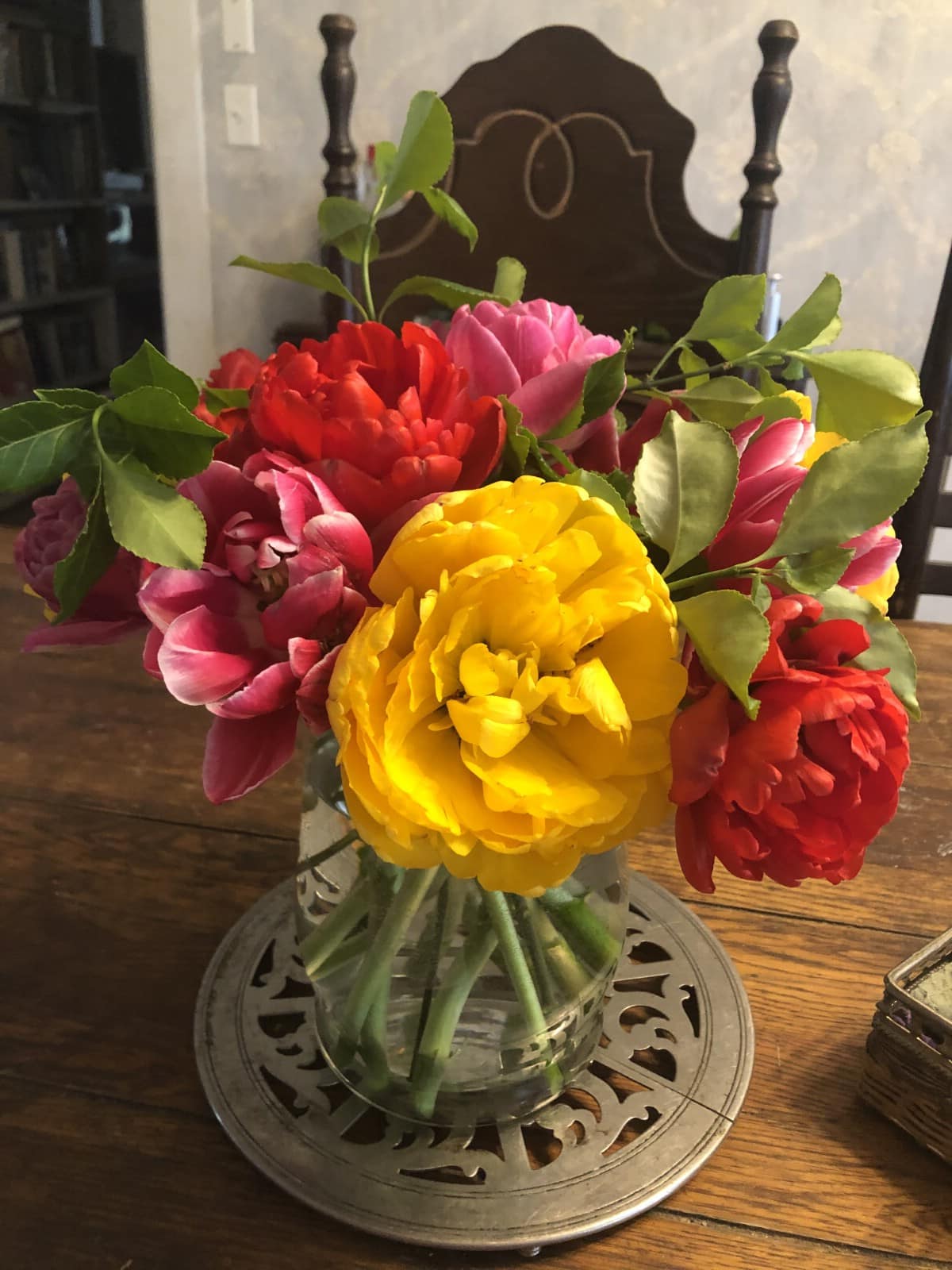 peony tulips in arrangement