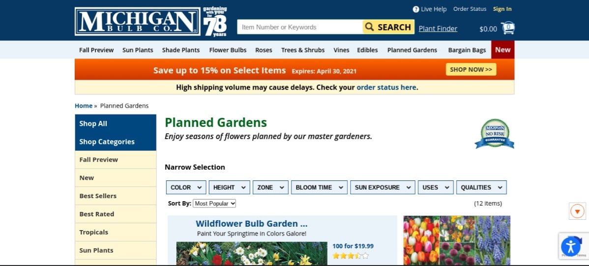 Screenshot of Michigan Bulb Company's pre-planned garden products