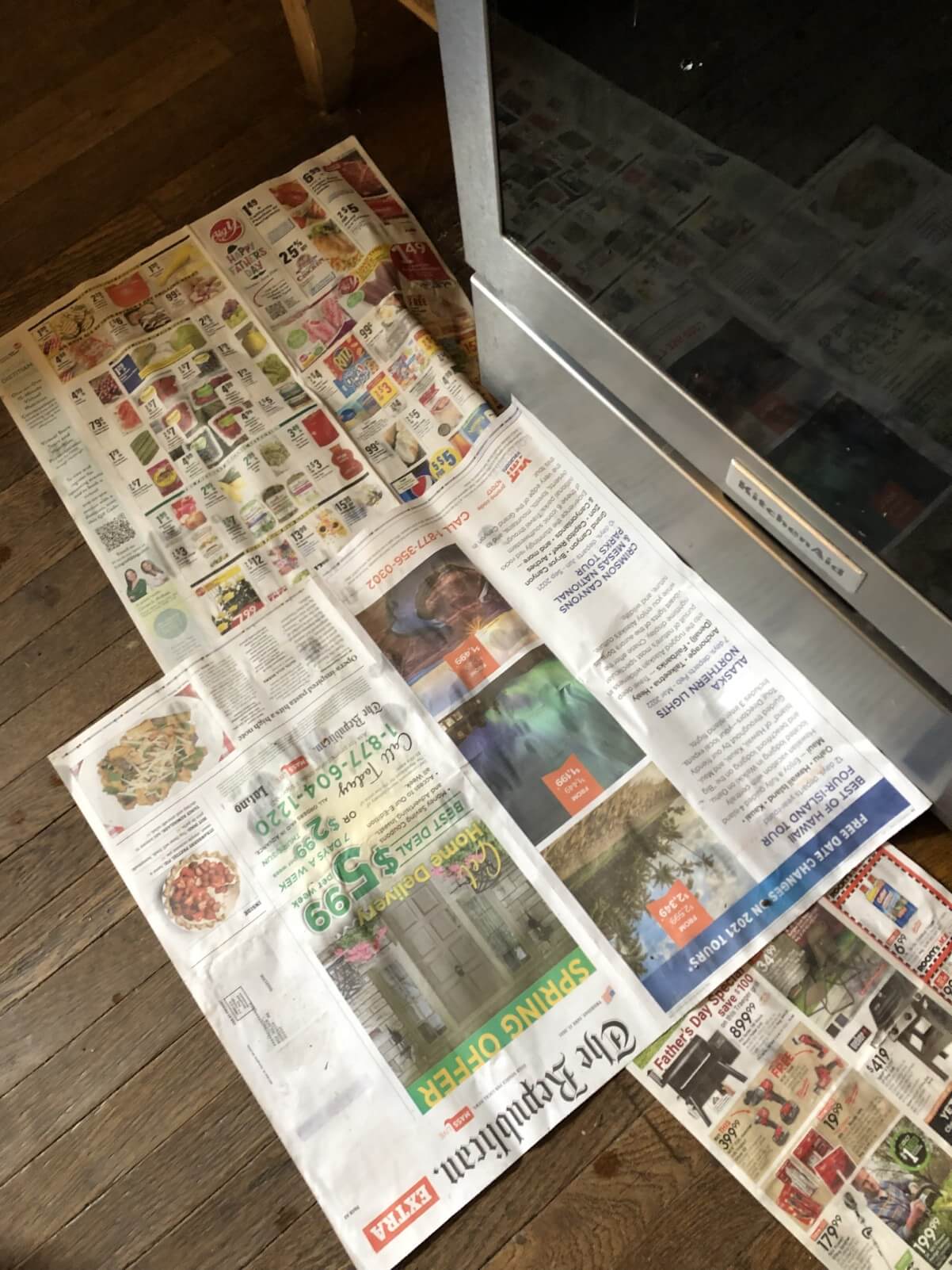 newspaper on floor for canning