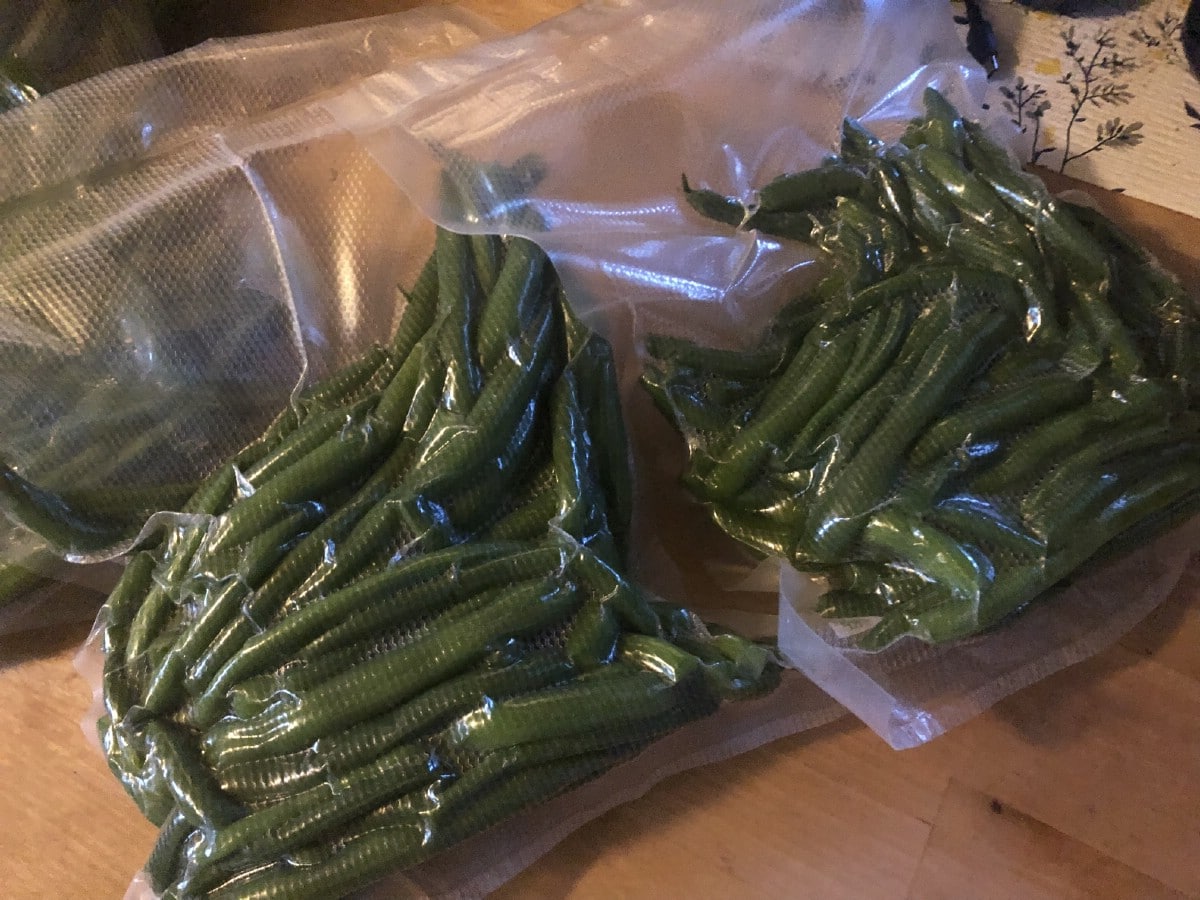 green beans sealed in vacuum sealer bags
