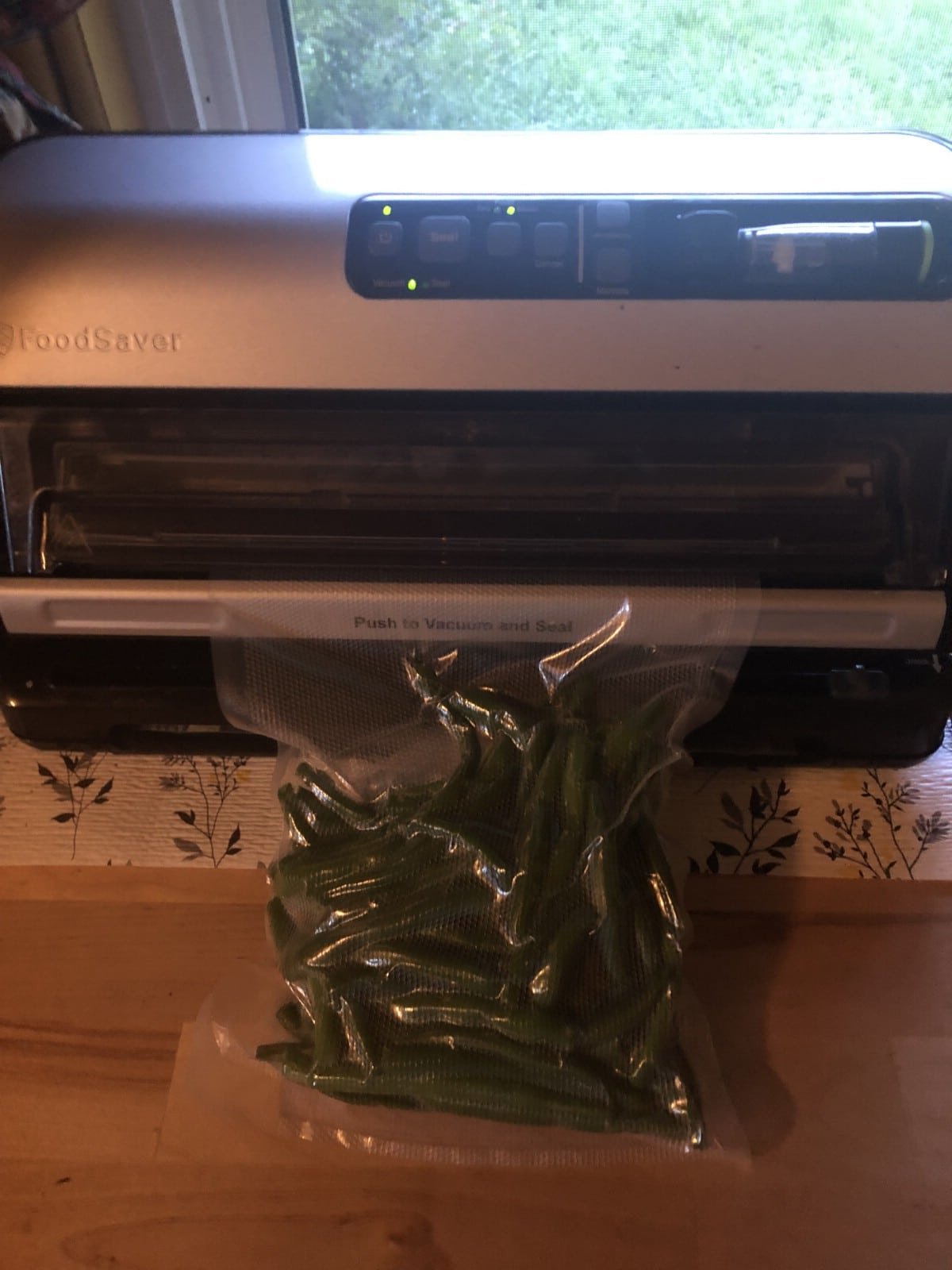 green beans being vacuum sealed before freezing