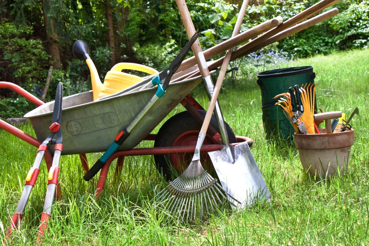 wheelbarrow with clean shiny garden tools