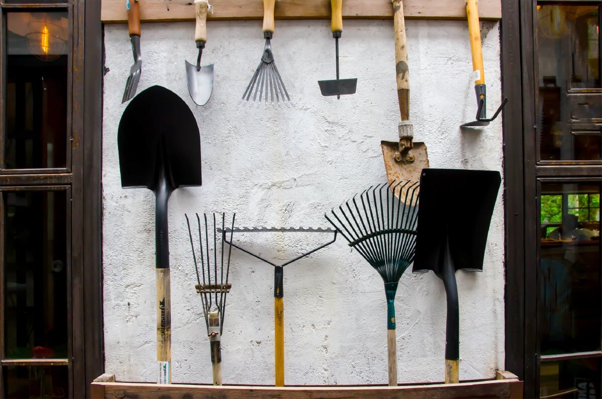 hanging and upright tools cleaned and ready to store for winter