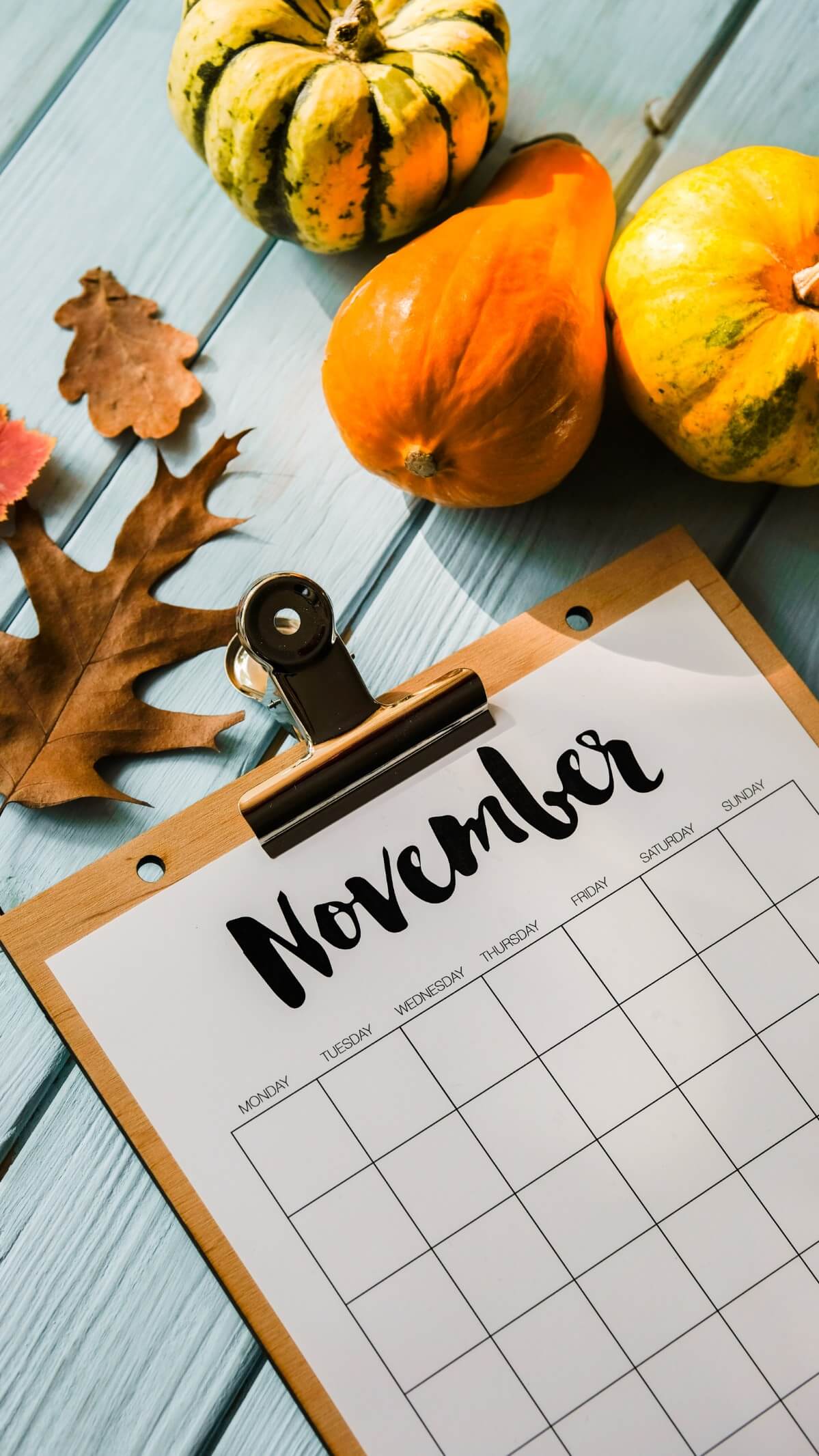 November calendar on clip board with gourds