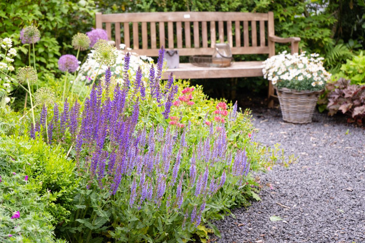 A quiet garden bench placed at the end of a stone area in a perennial garden