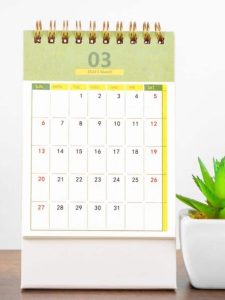 Calendar page for the month of March next to aloe plant