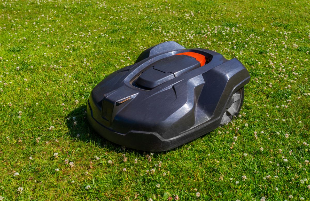 A robotic lawnmower mowing a lawn of green grass