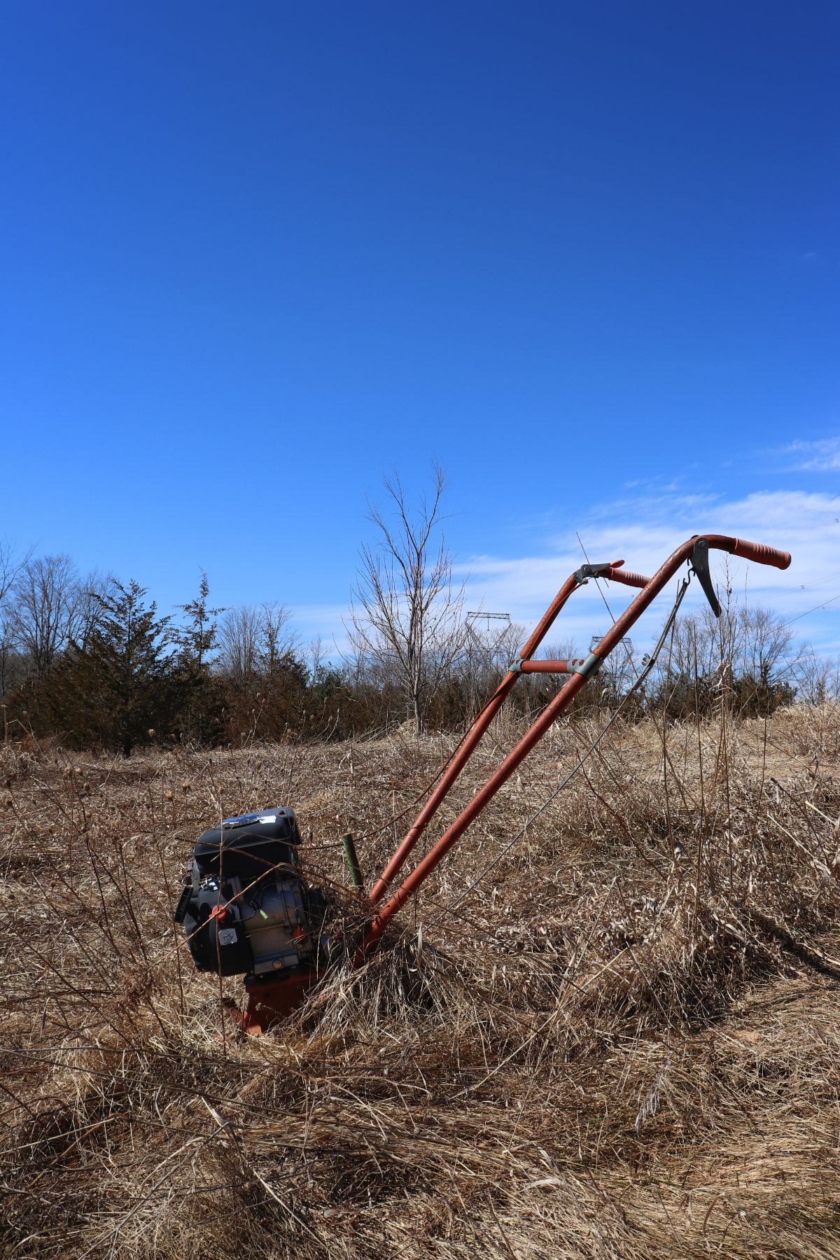 An old rototiller overgrown with weeds