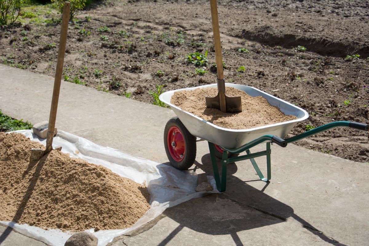 wheelbarrow full of soil for a new spring garden bed