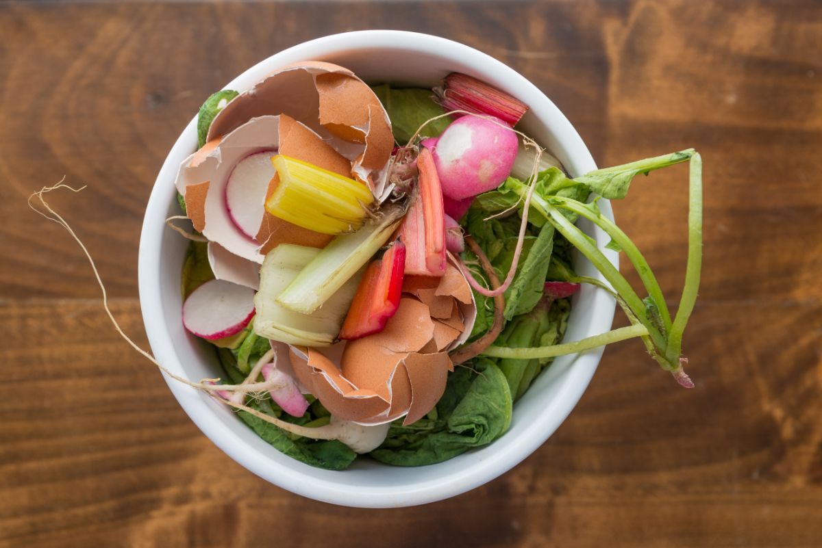 A bucket full of kitchen scraps for Bokashi composting