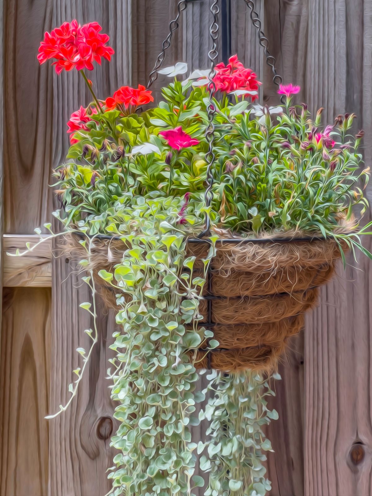 A hanging basket planted with mixed flowering and vining plants