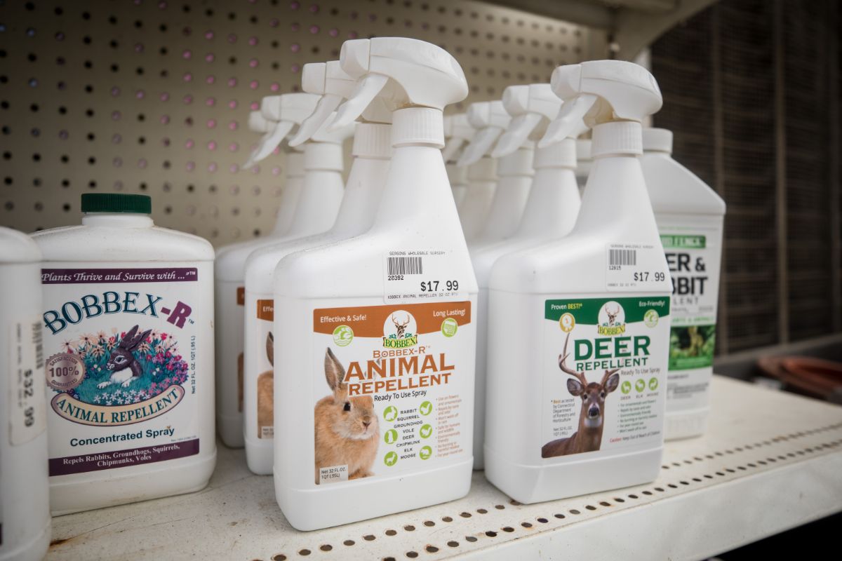Deer repelling garden sprays on a store shelf