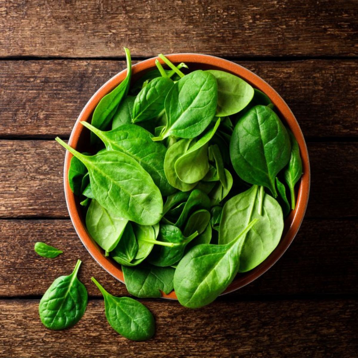 Wooden bowl of spinach on the wooden table.