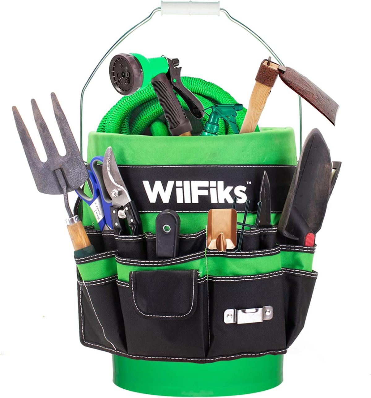 A five-gallon bucket construction tool organizer used for garden tool organization