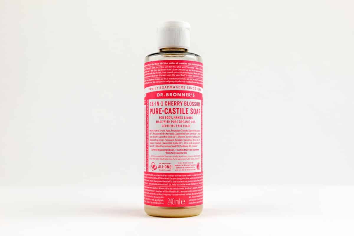 A bottle of castile soap for making DIY organic insecticidal soap