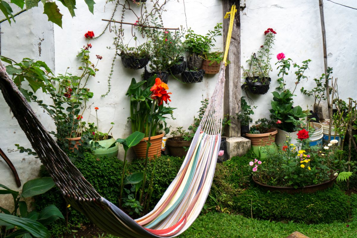 A container garden with a comfortable hammock