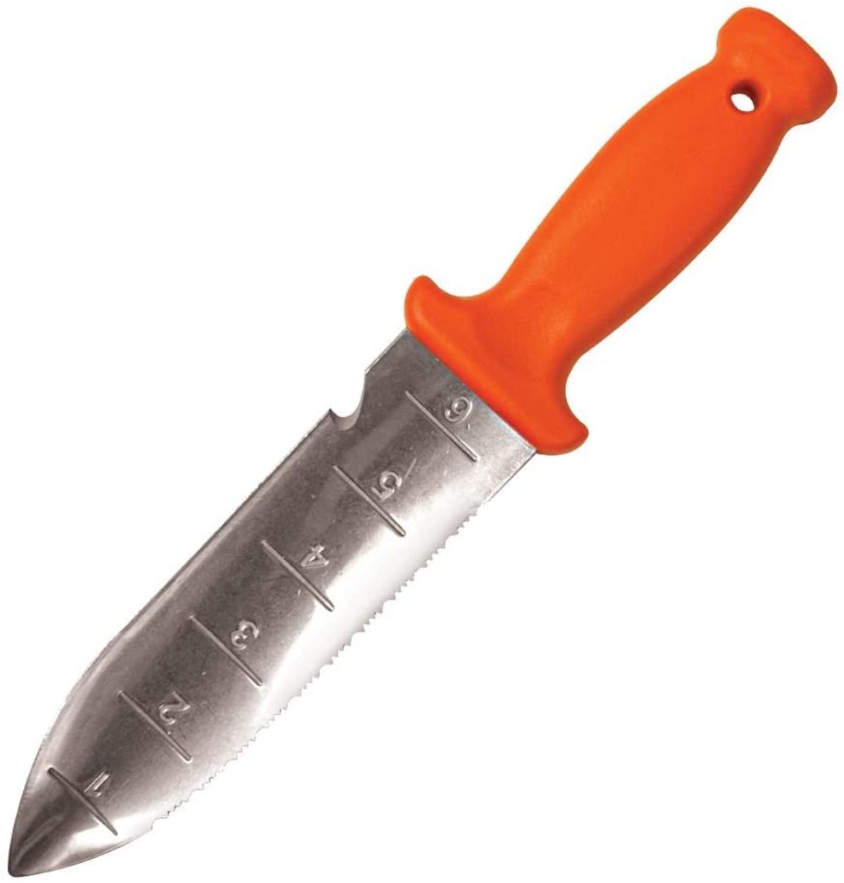 A Hori-Hori garden knife with numbered measurements and an orange handle, recommended garden tool