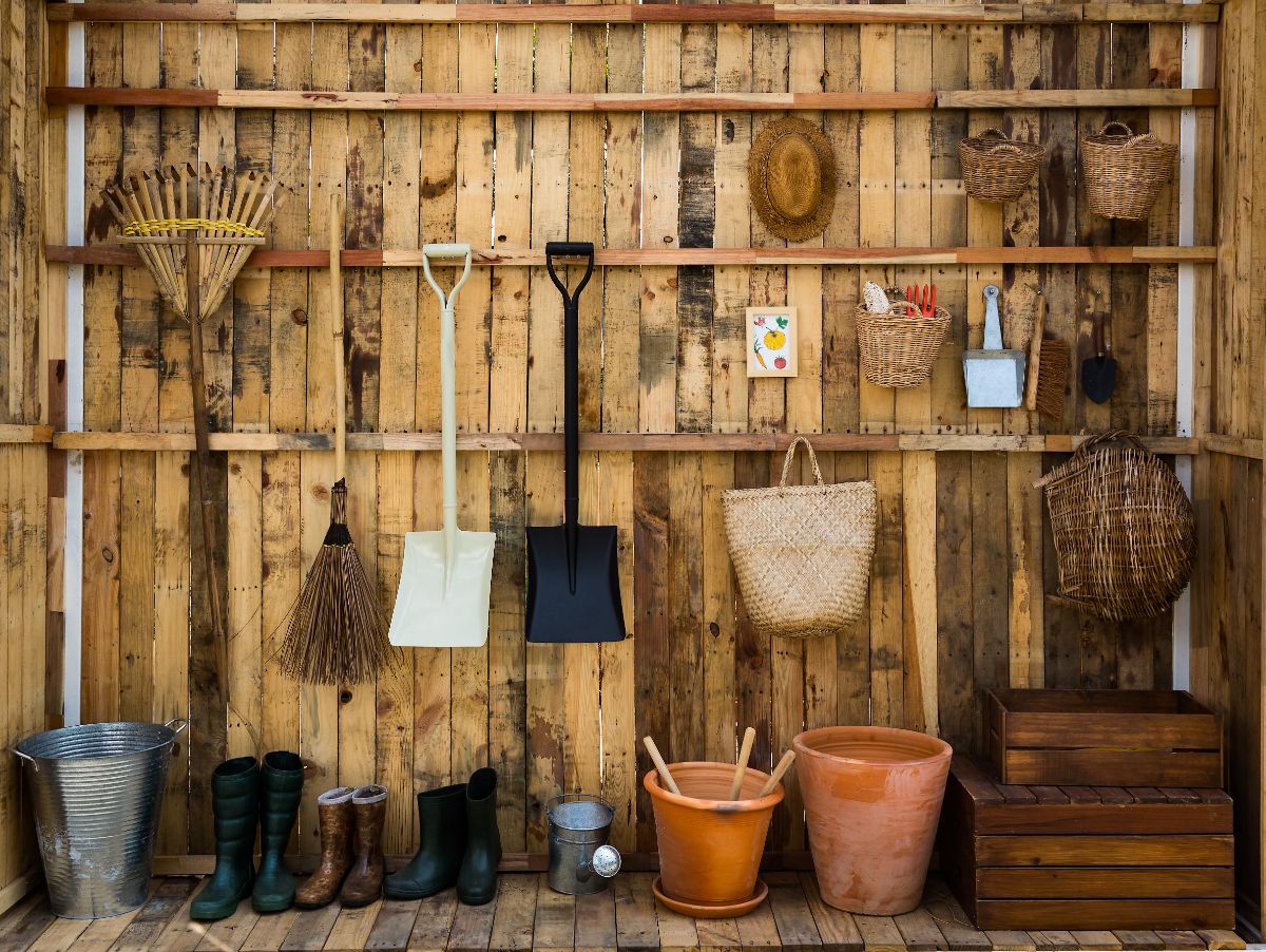 A well-organized garden shed with tools and supplies