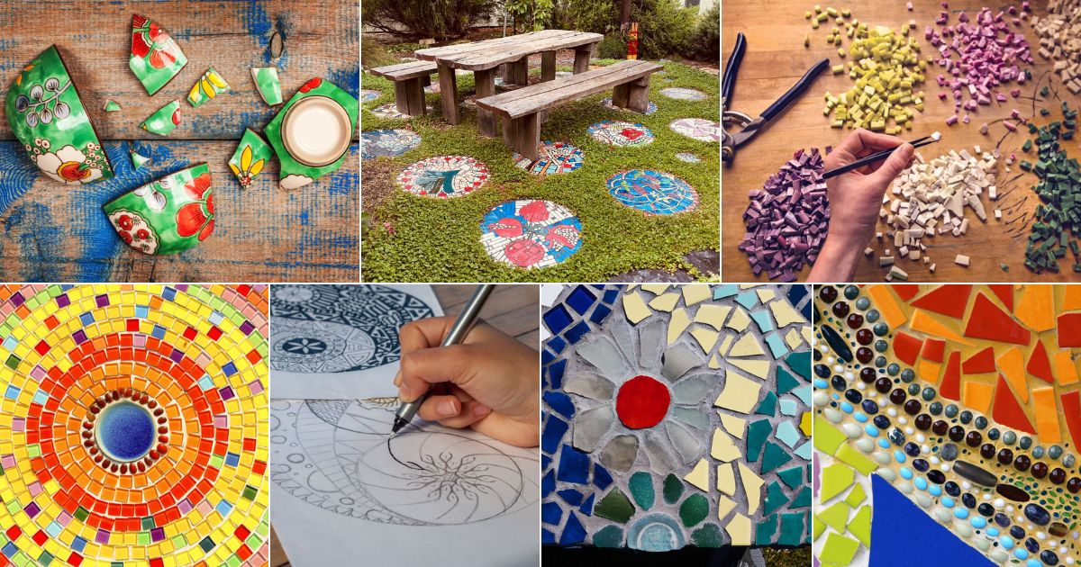 Collage of images of how to make your own diy mosaic stepping stones.