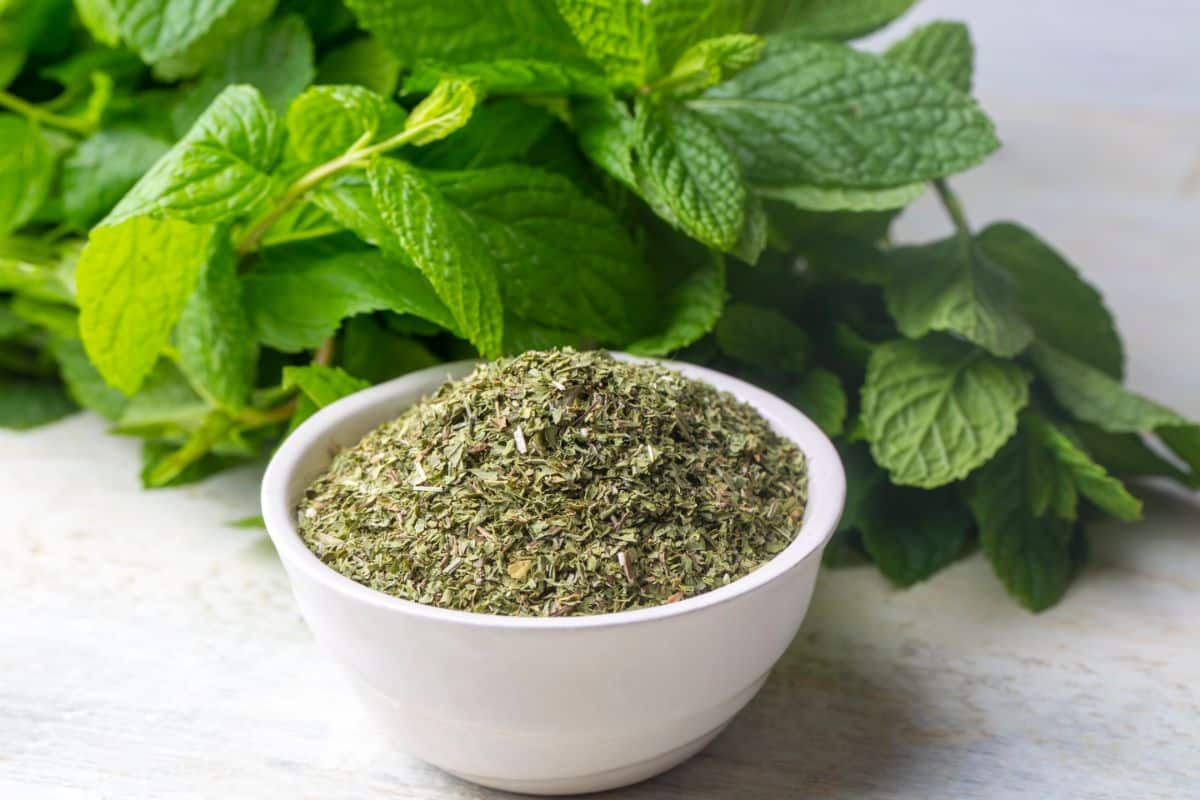 A bowl of dried mint leaves