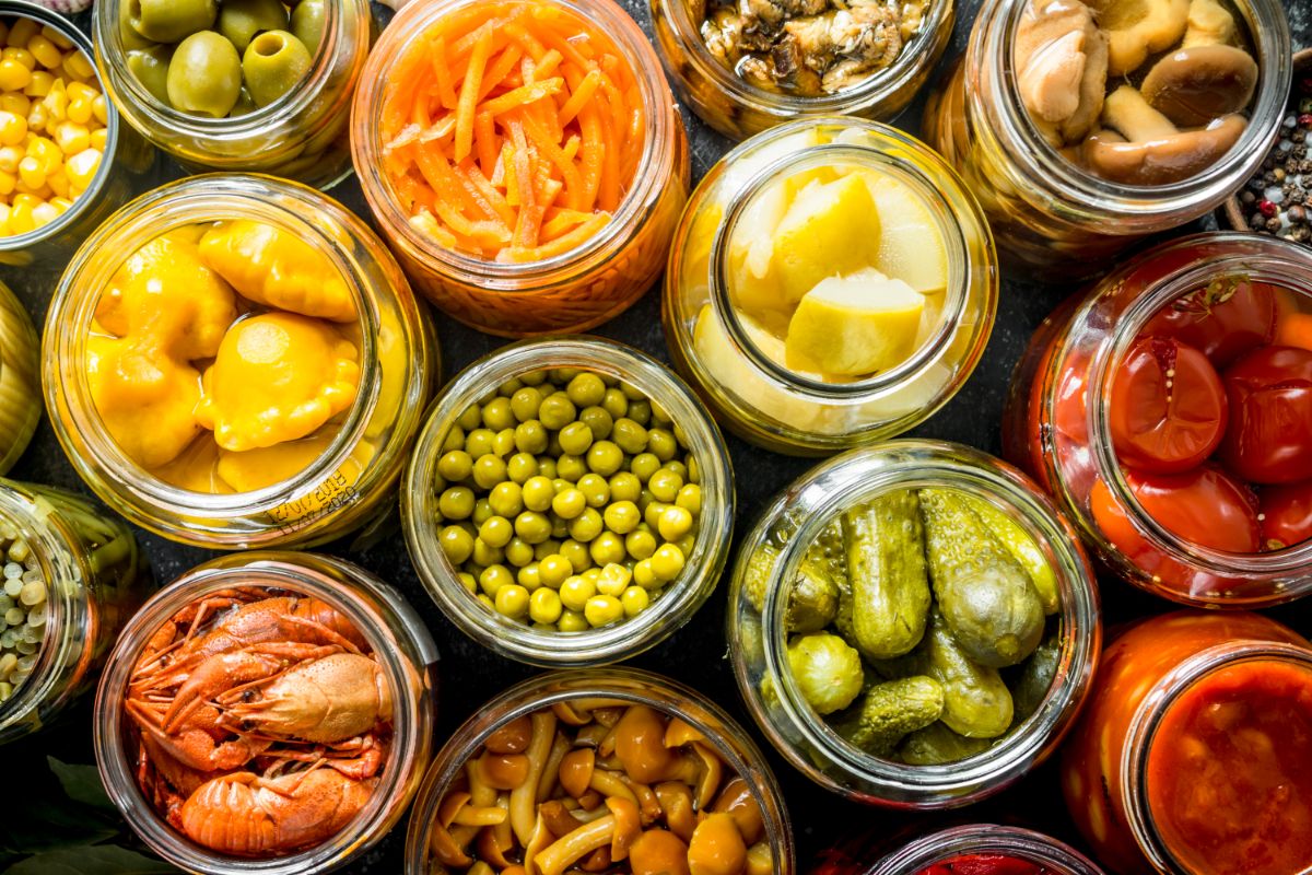 A variety of canned and jarred foods being preserved