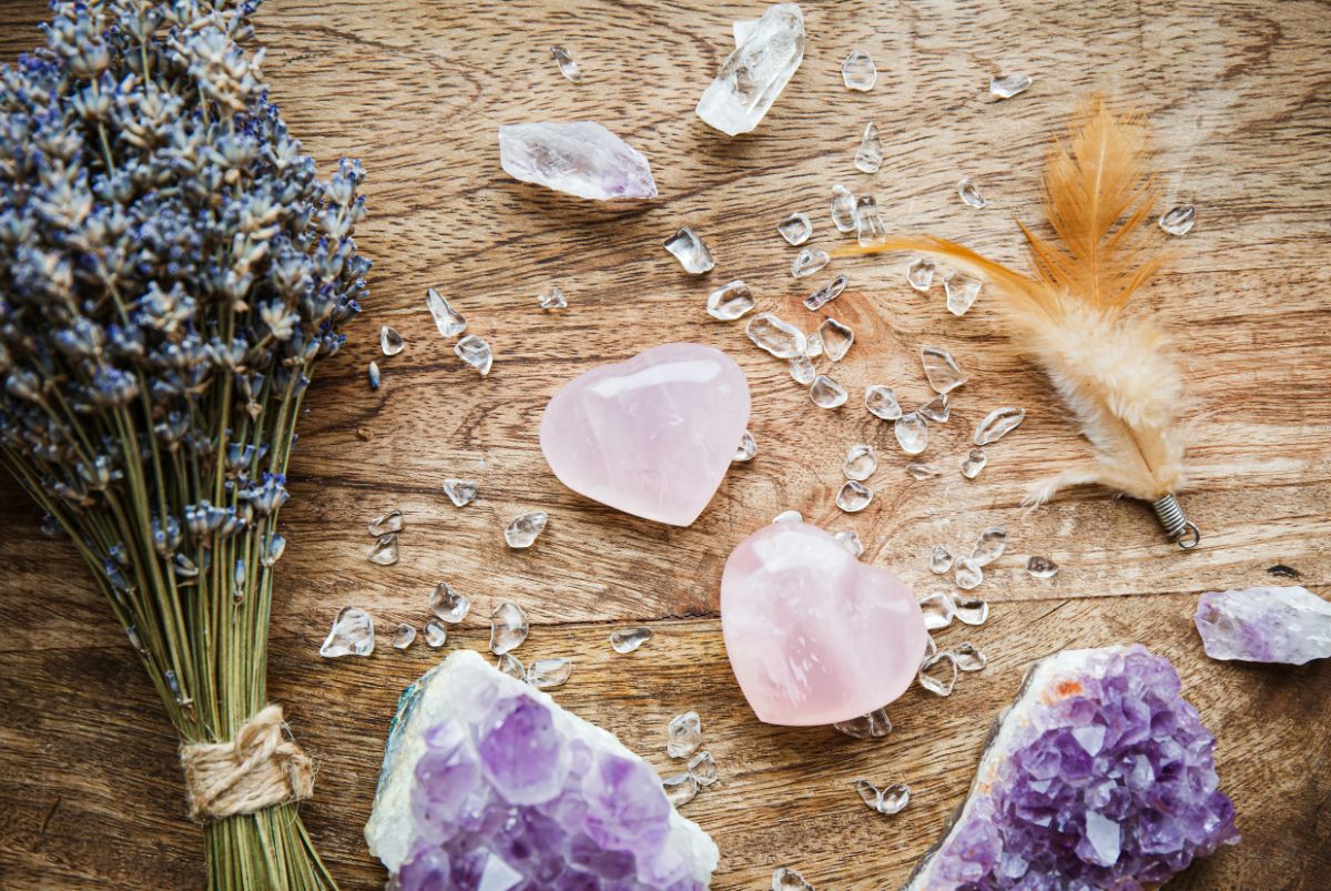 Crystals, geodes, and sprigs of dried lavender for use in a fairy garden