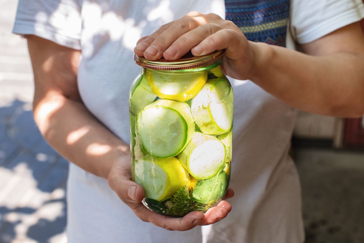 A jar of canned zucchini pickles