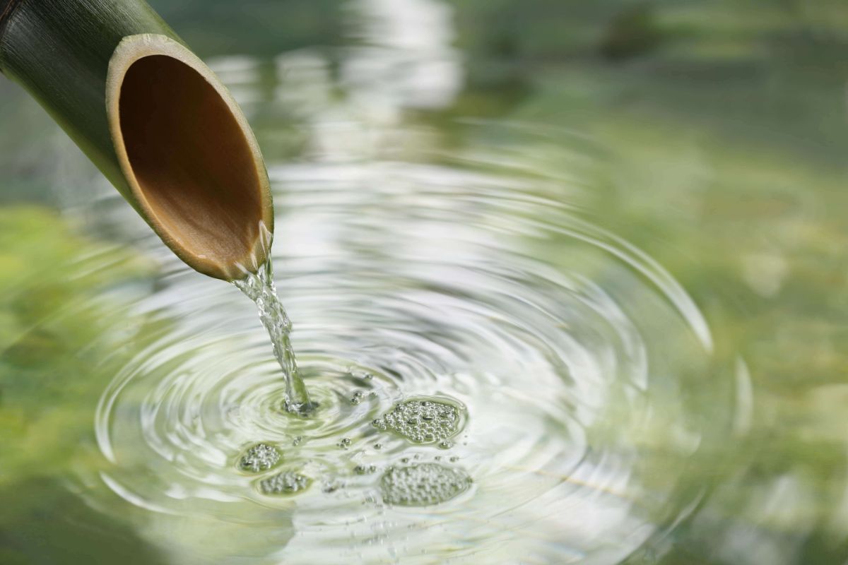 Closeup to little fountain from bamboo stick inside green vintage