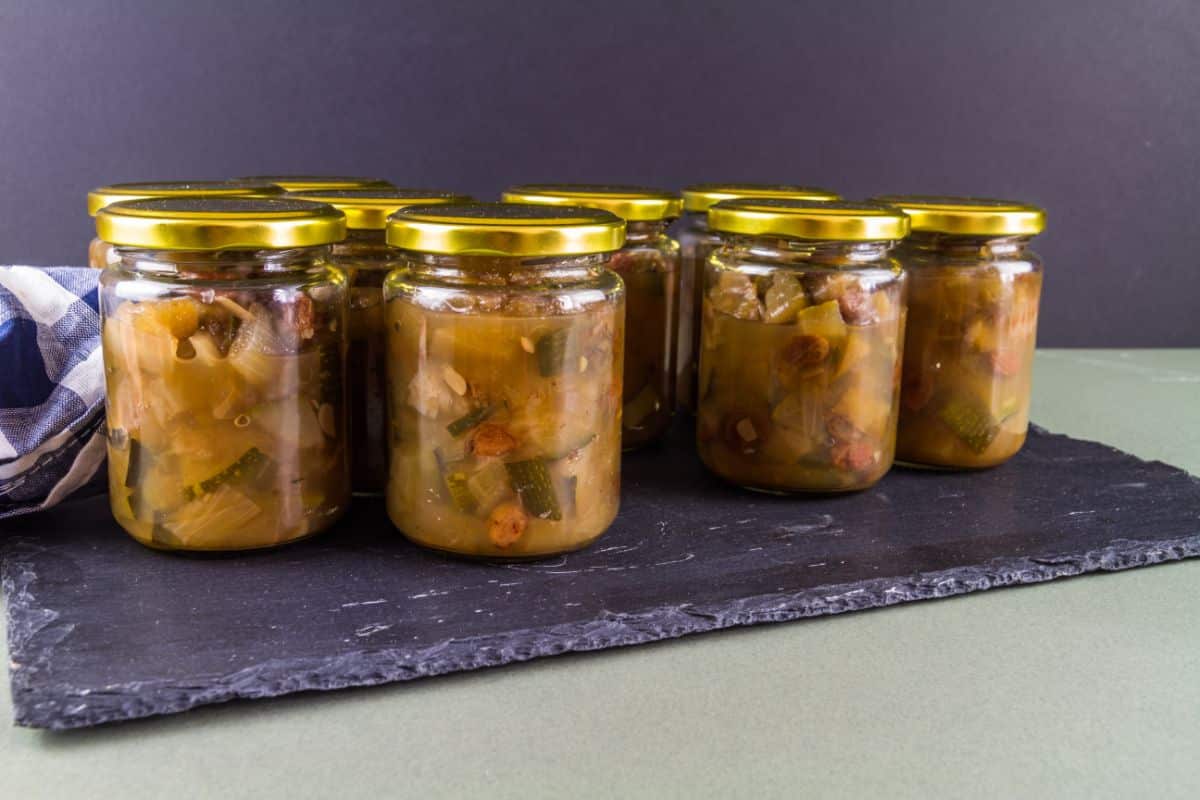Jars of canned zucchini relish