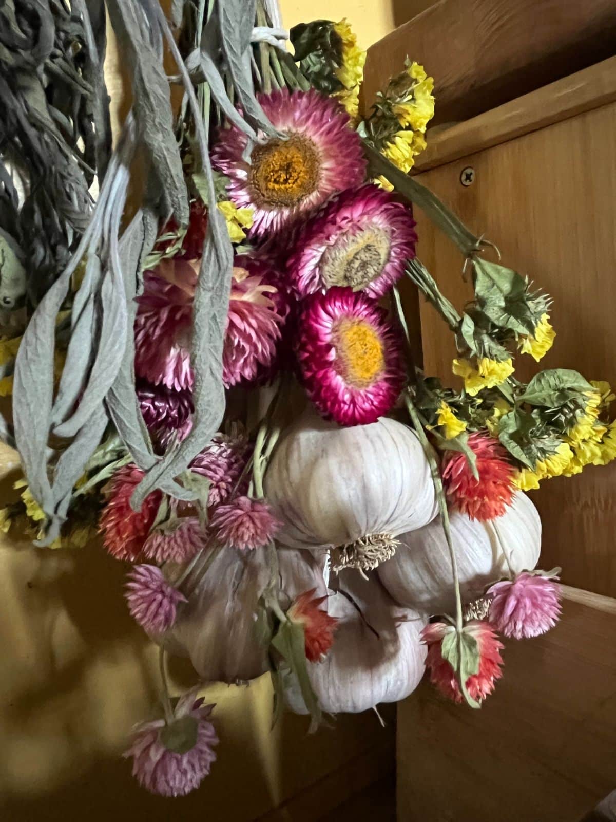 Dried sage added to a garlic bundle