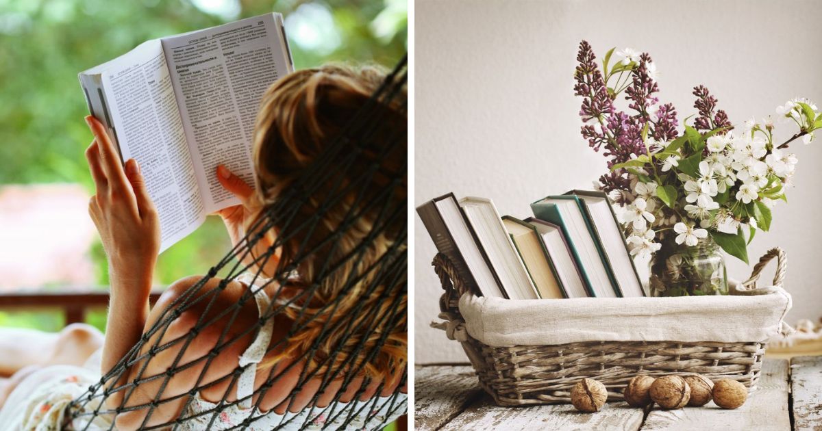 Image of woman reading a book and image of books in a basket.