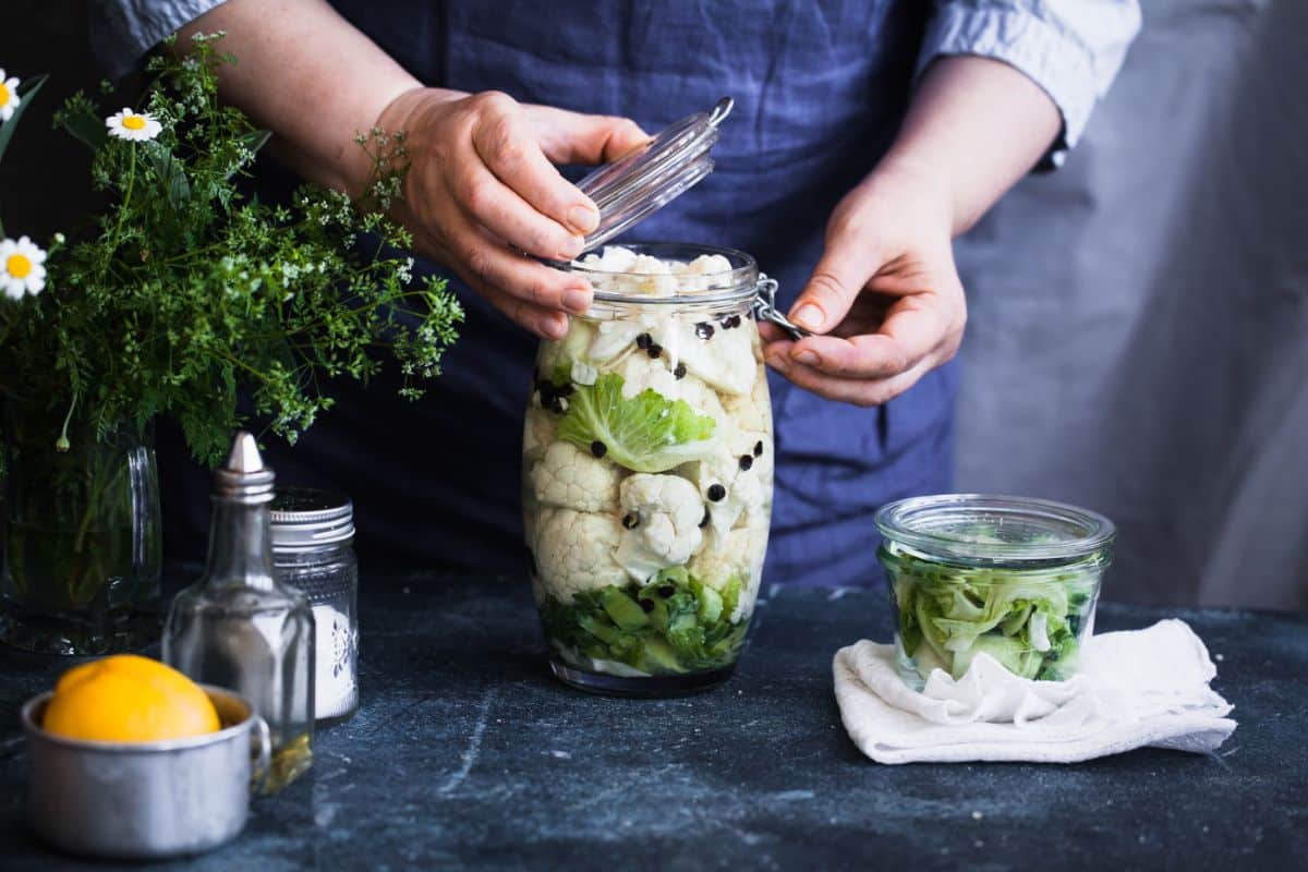 Cauliflower is packed in a jar to be fermented via lacto fermentation