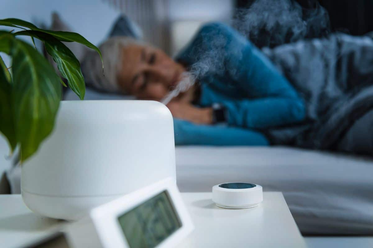 A woman peacefully sleeping next to an indoor humidifier