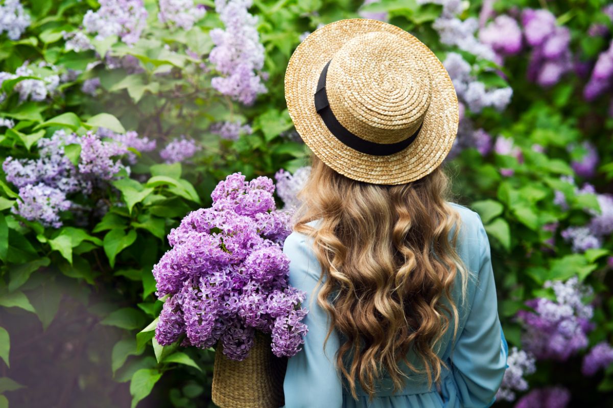 A woman with a lovely bouquet of lilacs