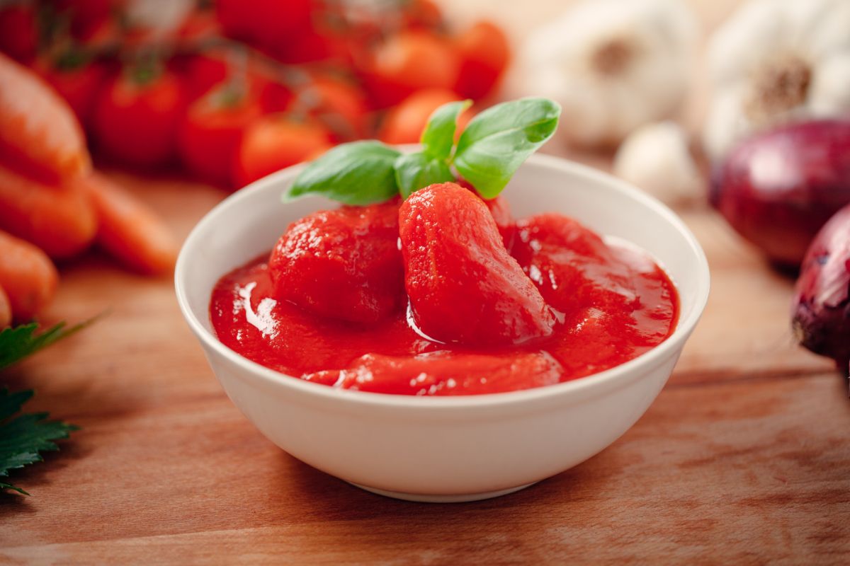 Peeled stewed whole tomatoes in a bowl