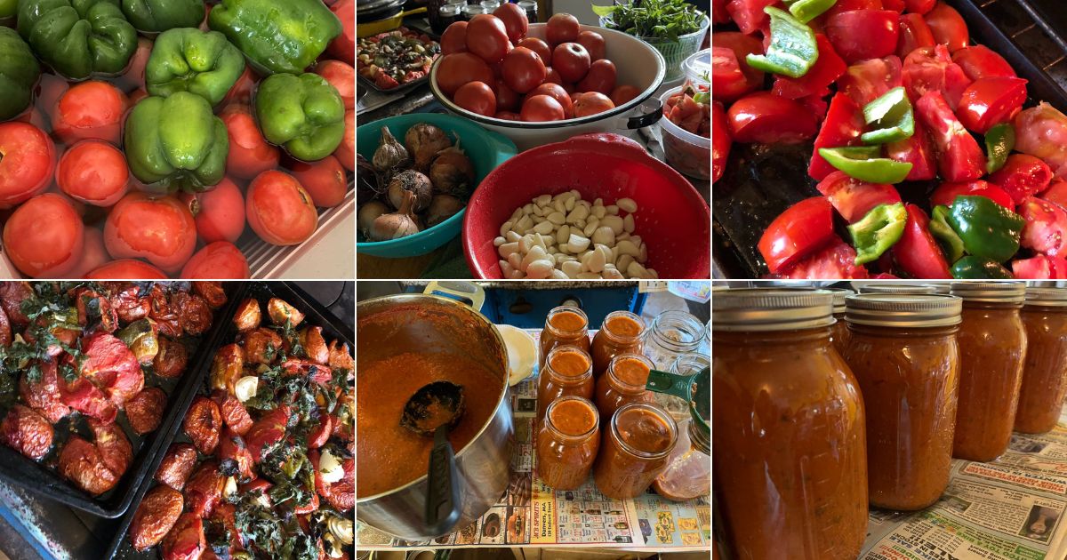 A collage showing how to make roasted tomato sauce
