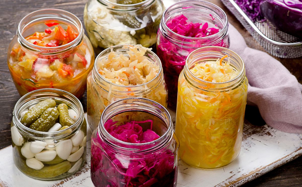 Jars of bright and tasty lacto-fermented foods