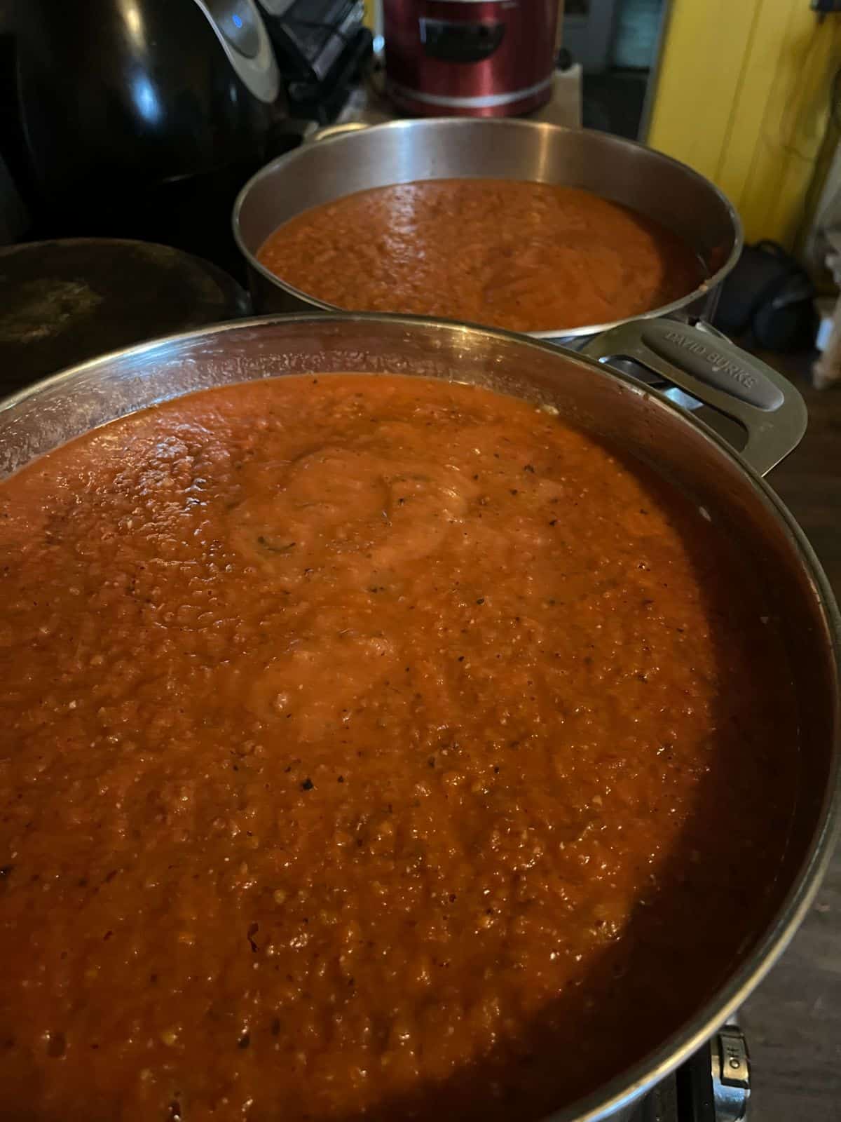 Smoothly blended homemade roasted tomato sauce with seeds and skins