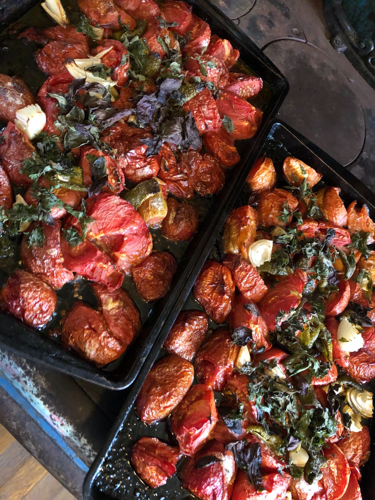 Pans of roasted tomatoes for sauce