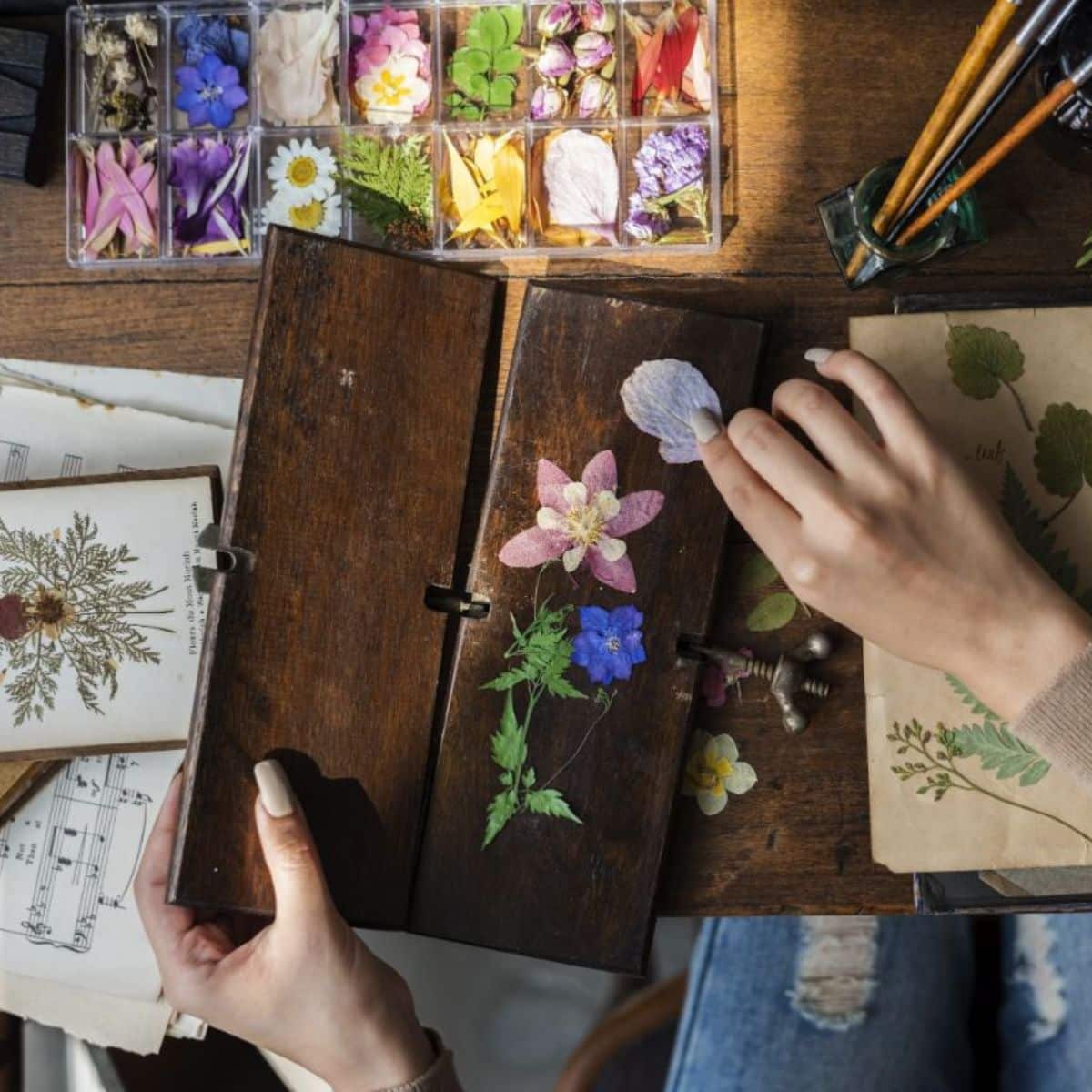 Young woman pressing flowers with a flower press kit.