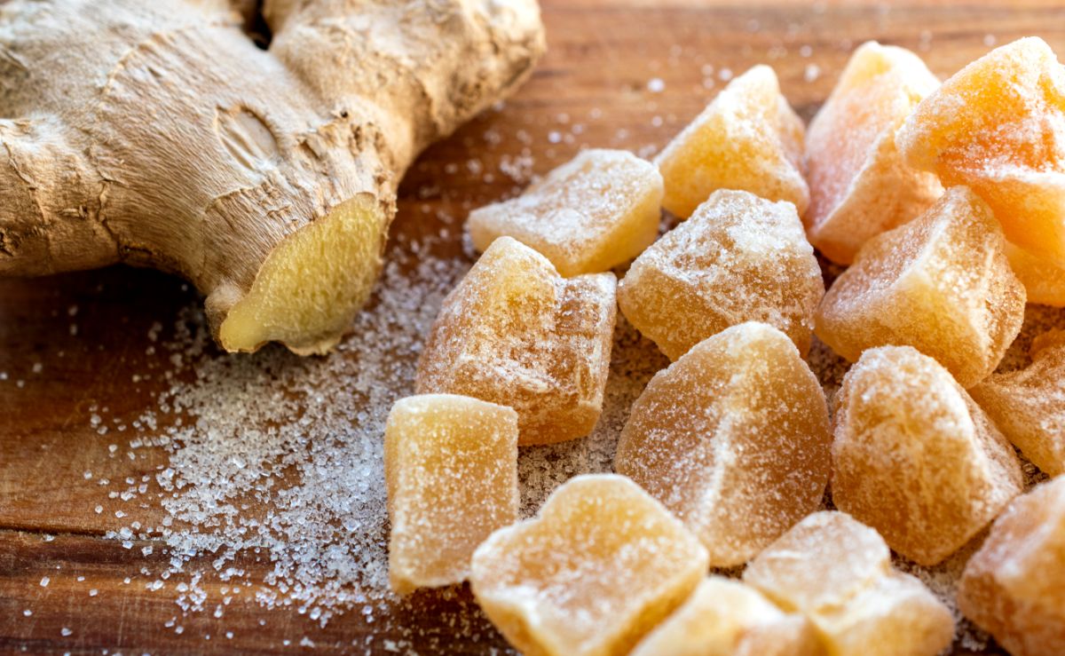 Homemade candied ginger pieces