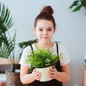A young girl holding a houseplant in a pot.