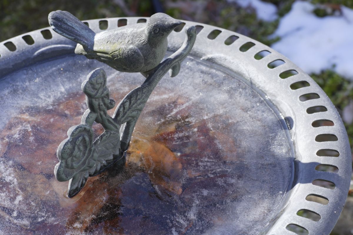 A metal bird bath frozen over with ice in the winter