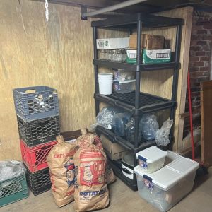 Basement storage with crates and shelves.