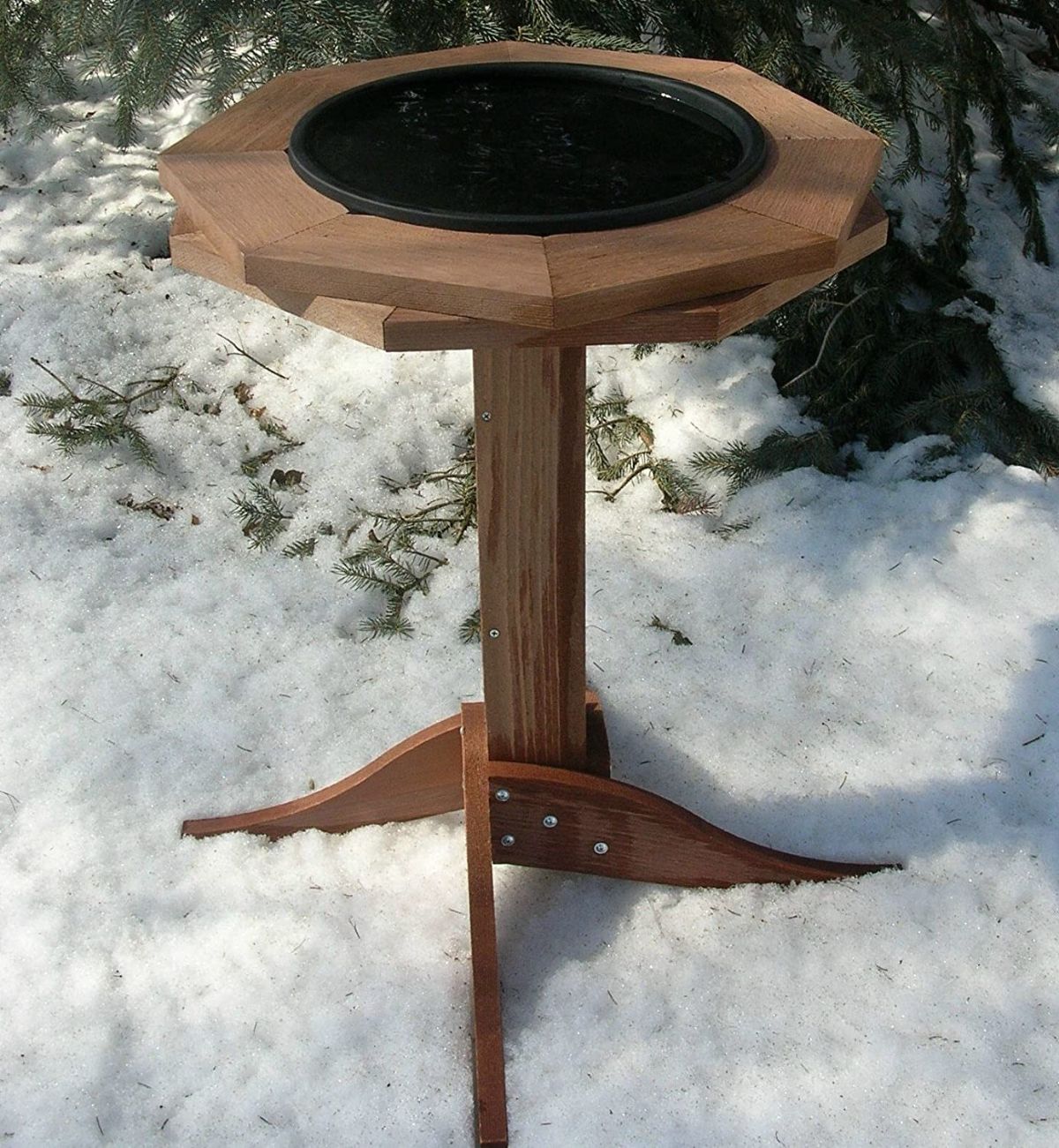 Natural wood construction heated bird bath