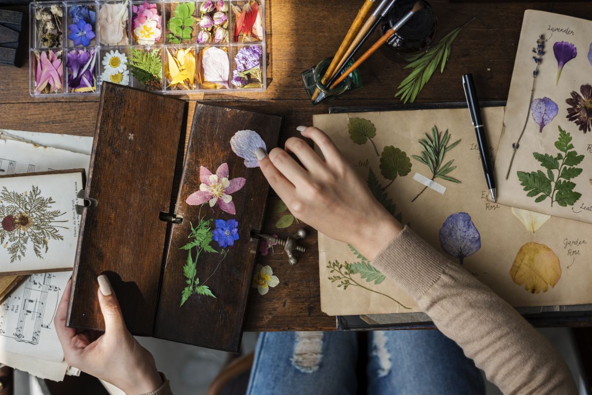 A woman presses colored flowers in a flower press