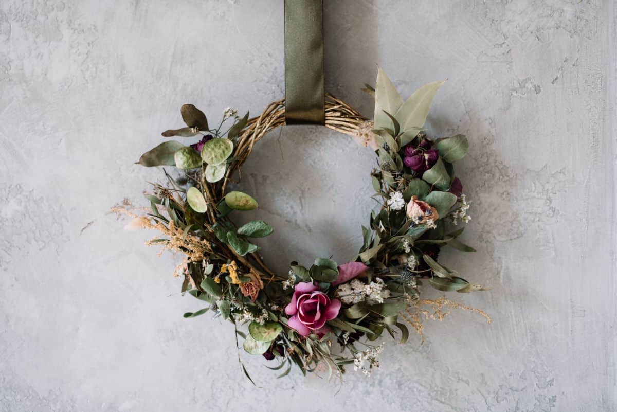 A wreath made from homegrown dried flowers