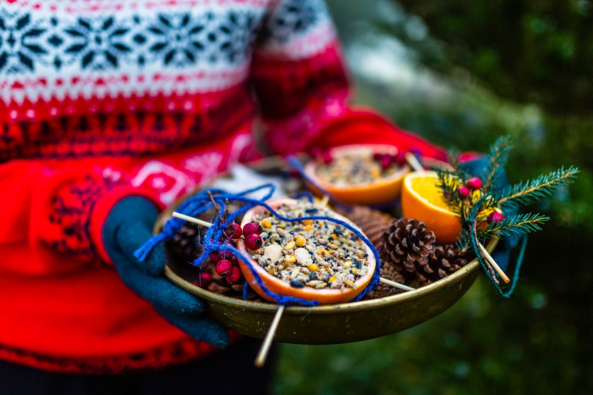 A woman with a tray filled with DIY kitchen scrap bird feeders