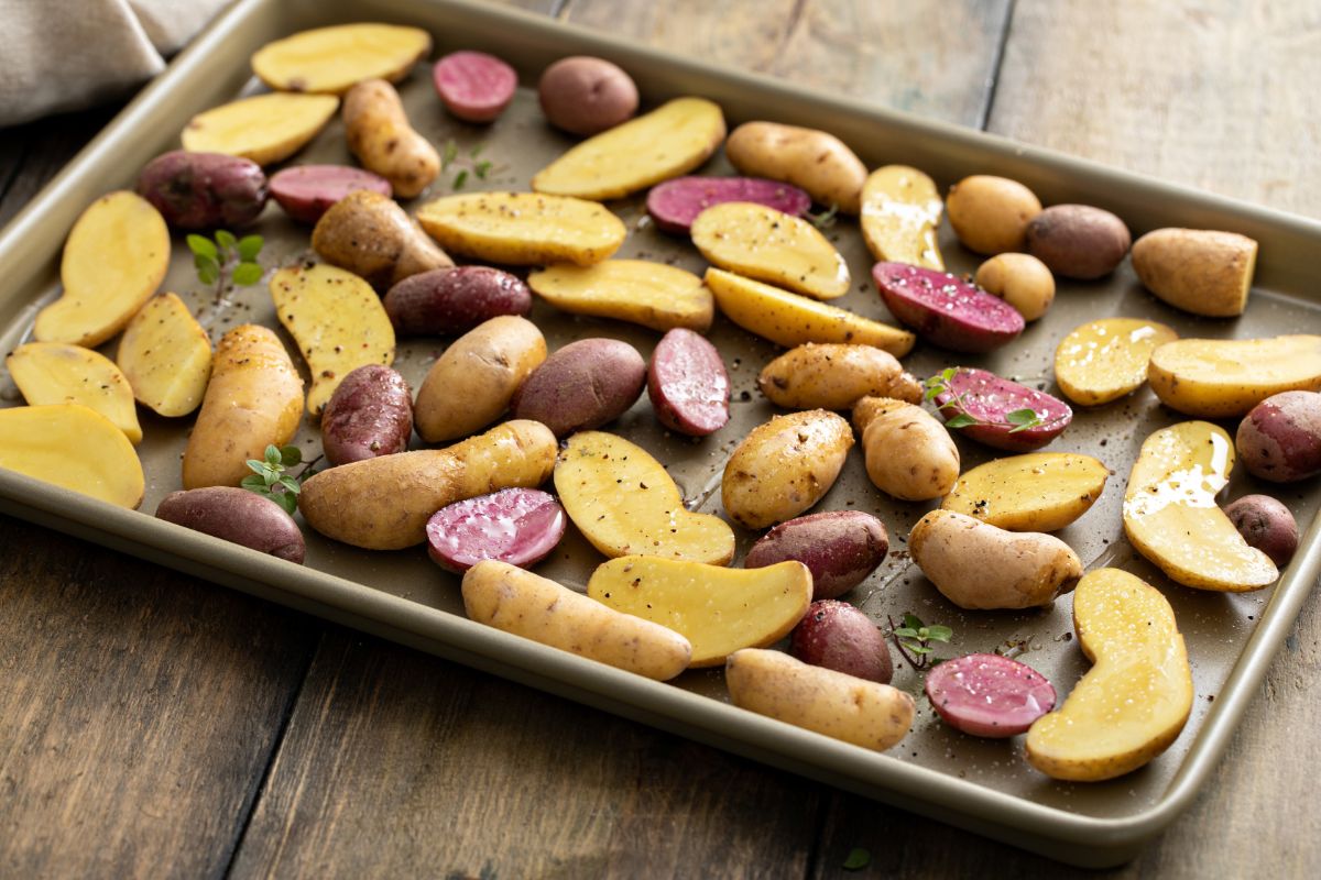 Fingerling potatoes prepared for roasting